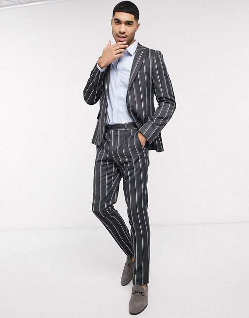 New Fashion Pinstripe Groom Wedding Tuxedos Two Button 2 Pieces Mens Suit Formal Prom Party Wear Blazer