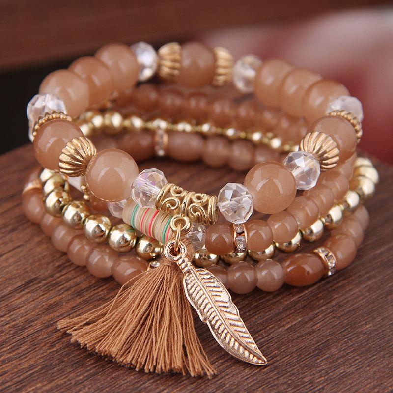 Bohemian Beaded Bracelets Set Multilayer Feather Eiffel Tower Tassel Charm Bracelet Stackable Bangle for Women Vintage Jewelry