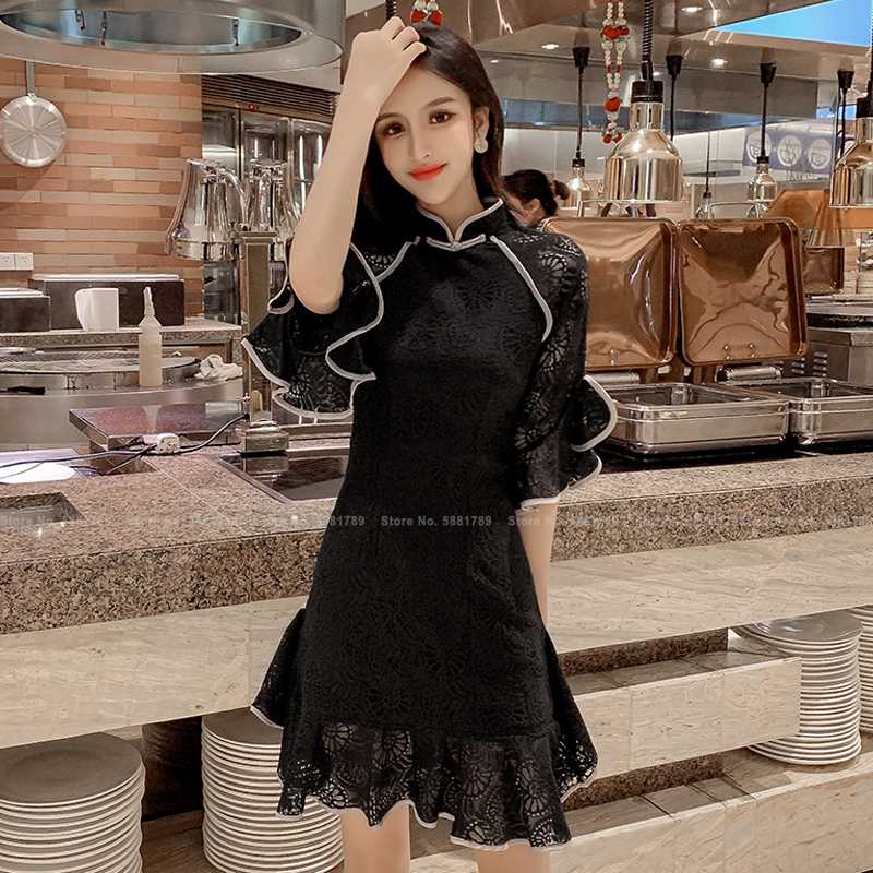 Women Lace Qipao Vintage Party Nightclub Sexy Bodycon Babydoll Chinese Style Retro Cheongsam Korean Elegant Mini Dress Vestidos