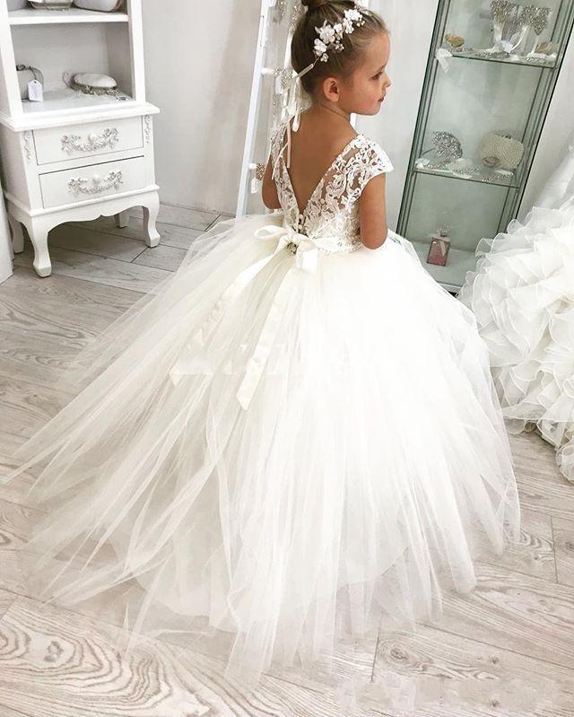 Ball Newest White Gown wer Girl Dresses For Weddings Jewel Backless Short Sleeve Sash Beading First Communion Dress Kids Birthday Gowns S