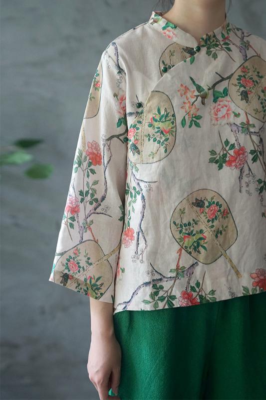 Classical Green Beads Button Flower Tree Bird Print Pure Ramie Linen Blouse, Summer Thin Three Quarter Sleeve Beige Top Shirts, As photo
Classical Green Beads Button Flower Tree Bird Print Pure Ramie Linen Blouse, Summer Thin Three Quarter Sleeve Beige Top Shirts, As photo