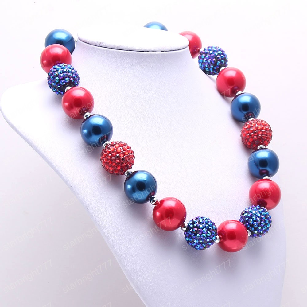 Red+Navy Color Kid Chunky Necklace Fashion 4th July Girl Children Bubblegom Bead Chunky Necklace Fashion Party Gift