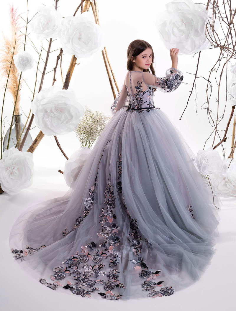 Ball Ful Gown Wer Girl Dresses For Wedding Sheer Jewel Neck Appliqued Toddler Pageant Gowns Long Sleeves Tulle Kids Prom Dress