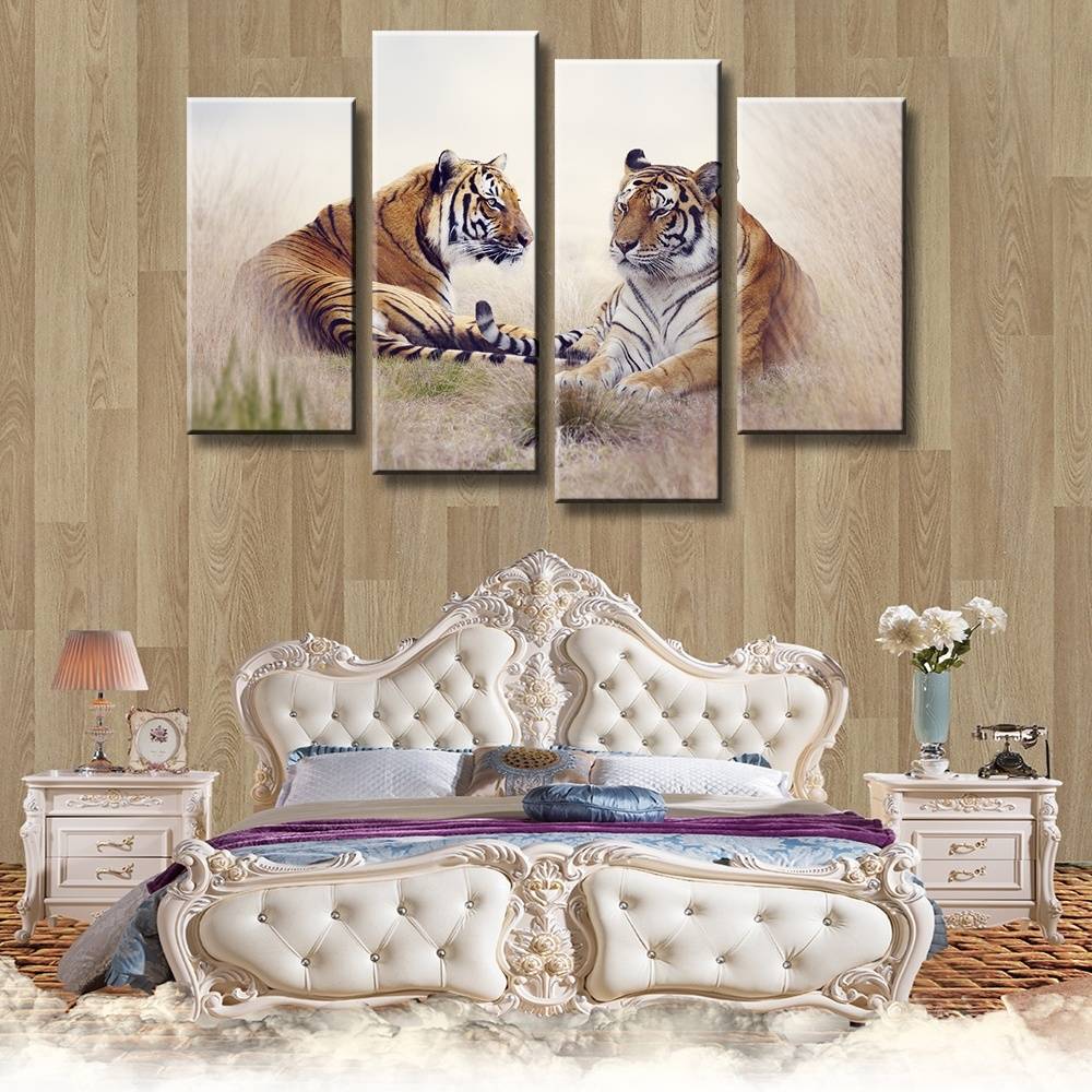 4pcs/set Unframed Two Tigers Lie on the Ground Animal Oil Painting On Canvas Giclee Wall Art Painting Art Picture For Home Decor