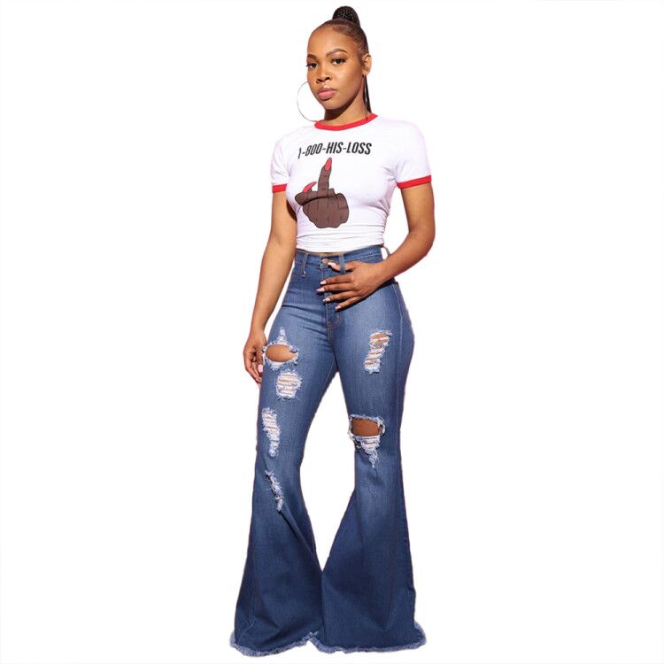 Women's Jeans Ripped Pant Sexy Women Casual Denim Flare Pants Bodycon Bell Bottom Trousers1