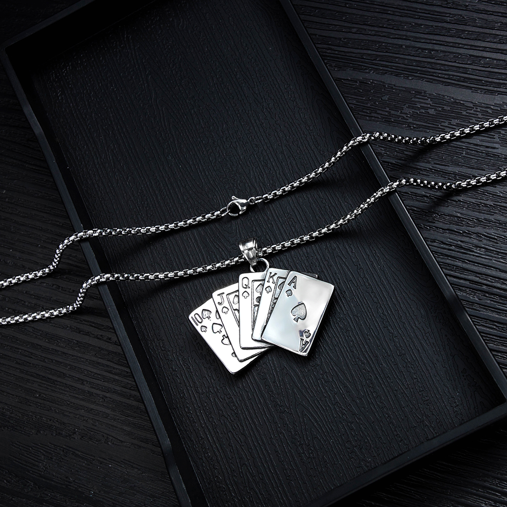 Double Sides Spades Straight Flush Pendant Necklace Titanium Steel Cool Men Stainless Steel Jewelry