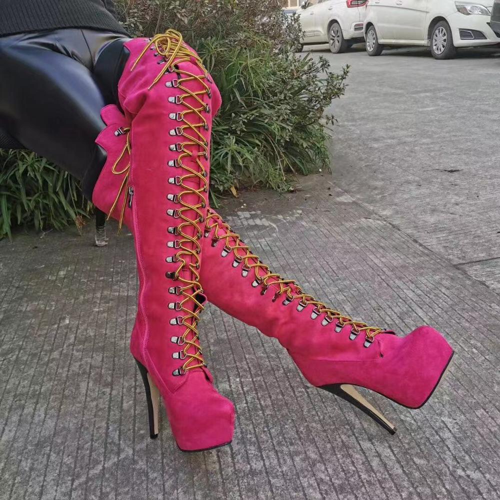 Rontic Handmade Women Platform Over The Knee Boots Thin High Heels Boots Round Toe Charm Red Party Shoes Women Plus US Size 5-20