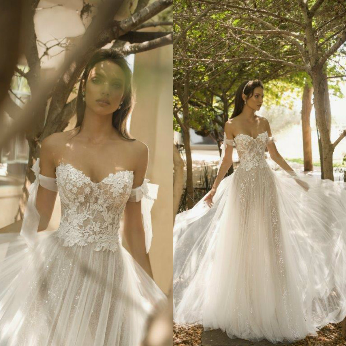 Julie Vino A Line Wedding Dresses Deep Off Shoulder Bling Bling Appliques Sweep Train Bridal Gowns Plus Size Tulle Wedding Dress