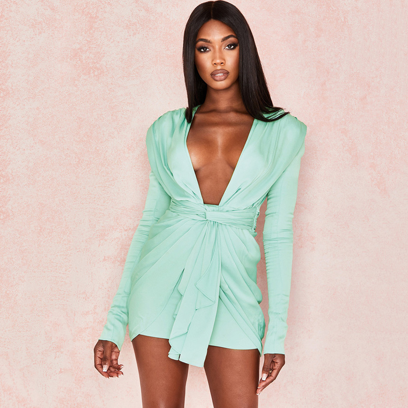 Joyfunear Mini Blue Elegant Dress Women Wrap Party Club Dresses Bandage Deep V Neck Zipper Sexy Autumn Bodycon Dress Feeme 201911