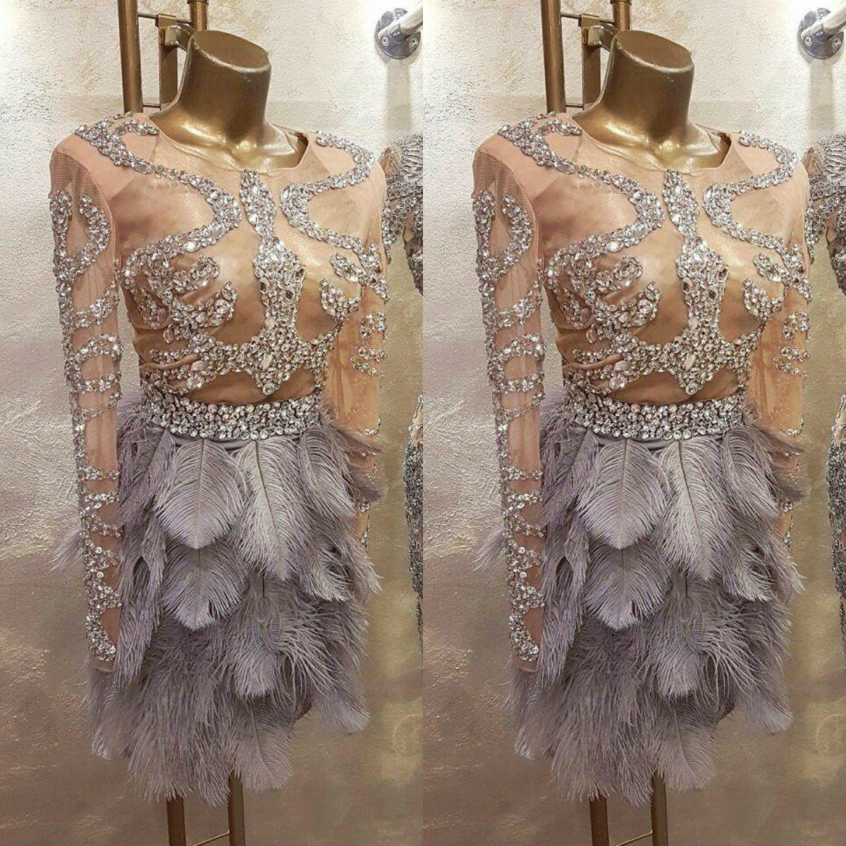Great Gatsby Feather 2020 Cocktail Dresses Long Sleeve Beading Short Prom Evening Gowns Yousef aljasmi Party Occasion Dress