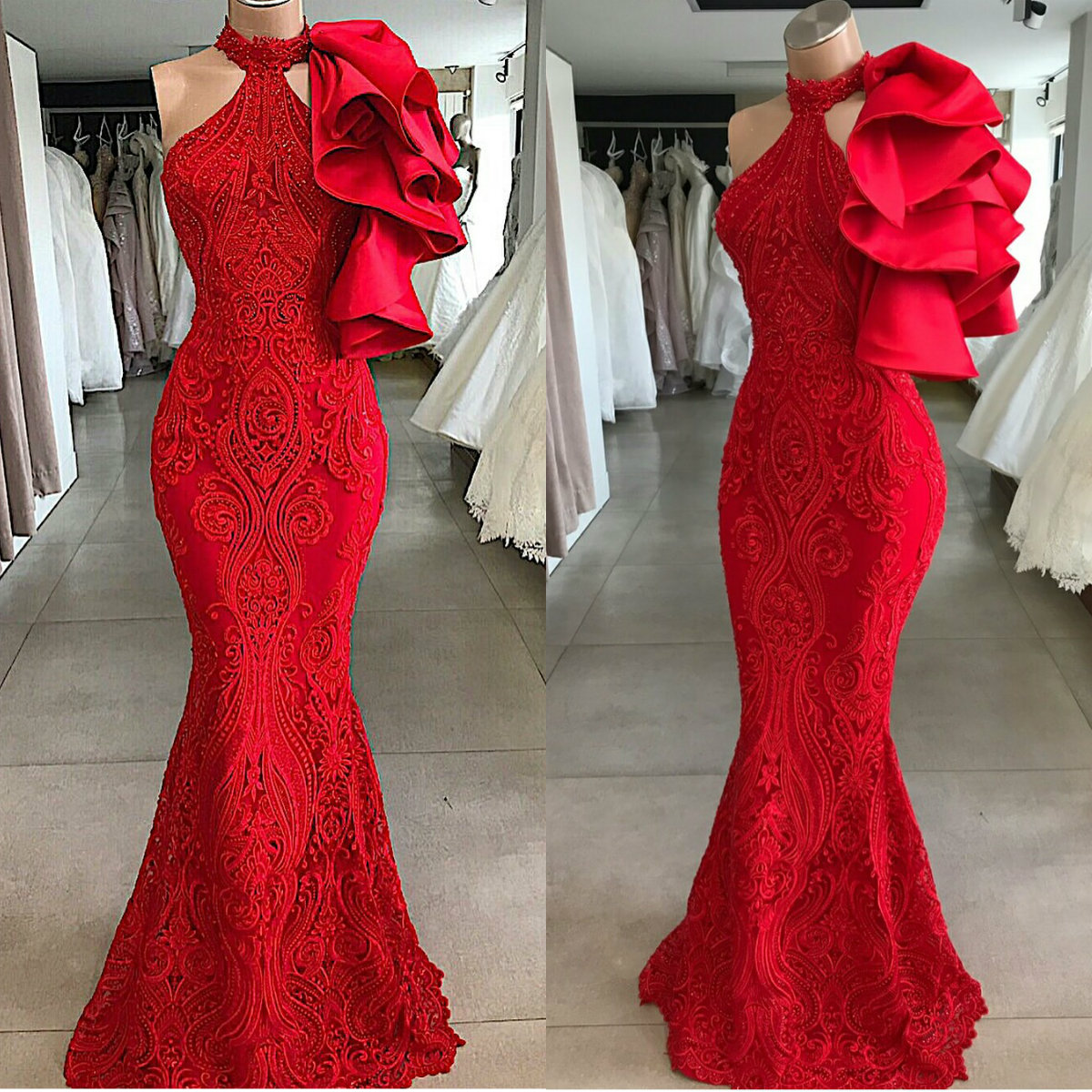 Halter Red Mermaid Party Dresses Sexy Sleeveless Appliqued Beaded Evening Dress Ruffle Cheap Sweep Train Custom Made Party Gown HOt Sell