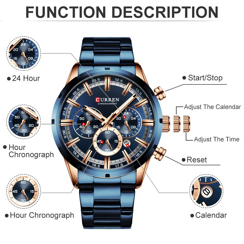 New CURREN Sport Men's Clock Stainless Steel Top Watch Chronograph Quartz Watch Men Dropshipping Relogio Masculino CX200805