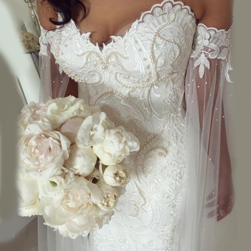 2020 Plus Size Mermaid Wedding Dresses With Shawl Robe de mariee Applique Beading Pearls Wedding Gowns Court Train beautyful Bridal Dresses