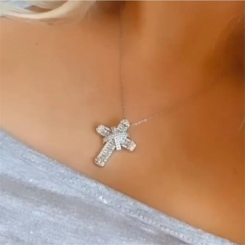 Sterling Sier Cross Pendant Necklace for Women - Cubic Zirconia, White, 45CM+5CM Chain, Elegant Clavicle Chain Free shipping