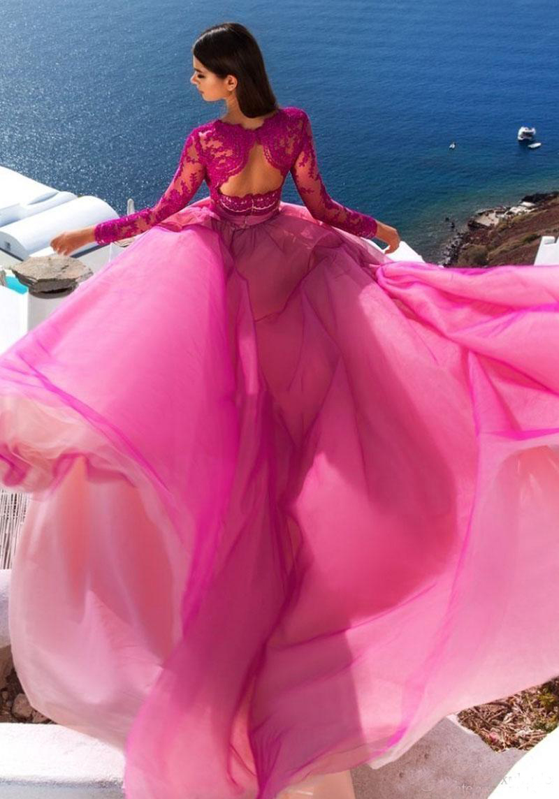 Charming Two Pieces Colorful Wedding Dresses A Line Sheer Long Sleeve Lace Appliqued Sexy Cheap Fuchsia Wedding Gowns Tulle Bridal Gowns