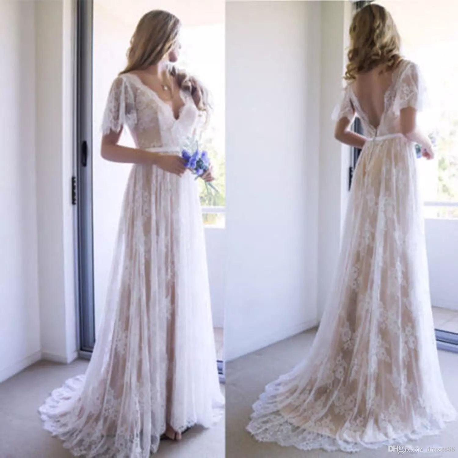 Bohemian Beach Wedding Dress Lace Backless V Neck A Line Boho Bridal Gowns Short Sleeve Plus Size vestido de novia Dress