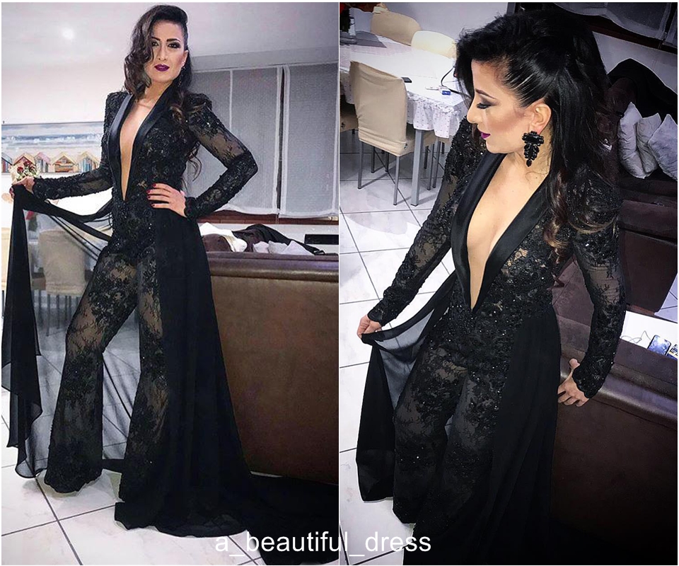Evening Dress With Detachable Train Jumpsuits Deep V Neck Long Sleeves Lace Appliqued Formal Party Gowns Custom Made Long Prom Dress ED1167