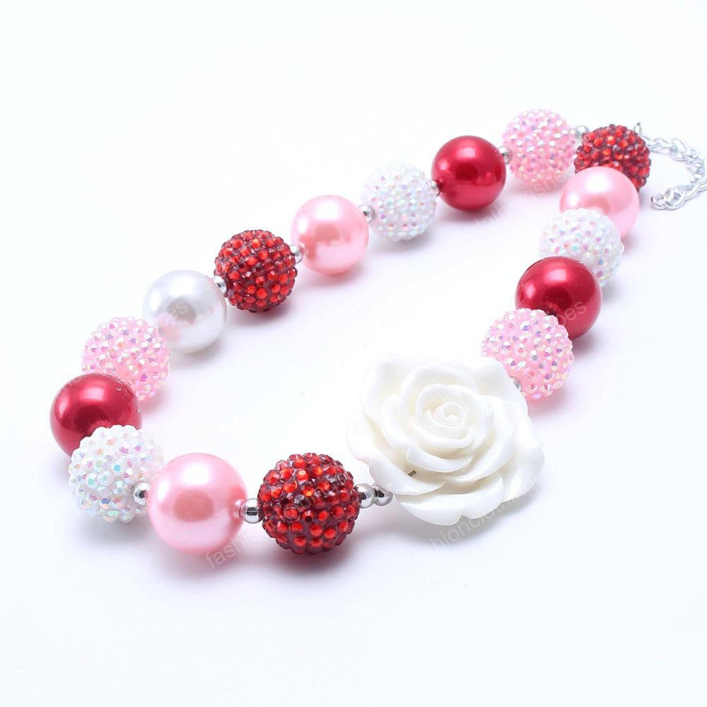 Pink Red Color Design Necklace&Bracelet Headband 3PCS Jewelry Set Rose Flower Toddlers Girls Bubblegum Baby Kids Chunky Necklace Jewelry Set