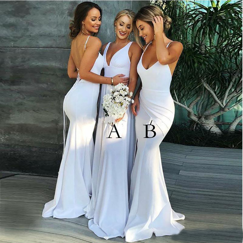 White Mermaid Bridesmaid Dresses V Neck Spaghetti Straps Satin Backless Long Bridesmaids Gowns Sexy Wedding Guest Dresses BD9006