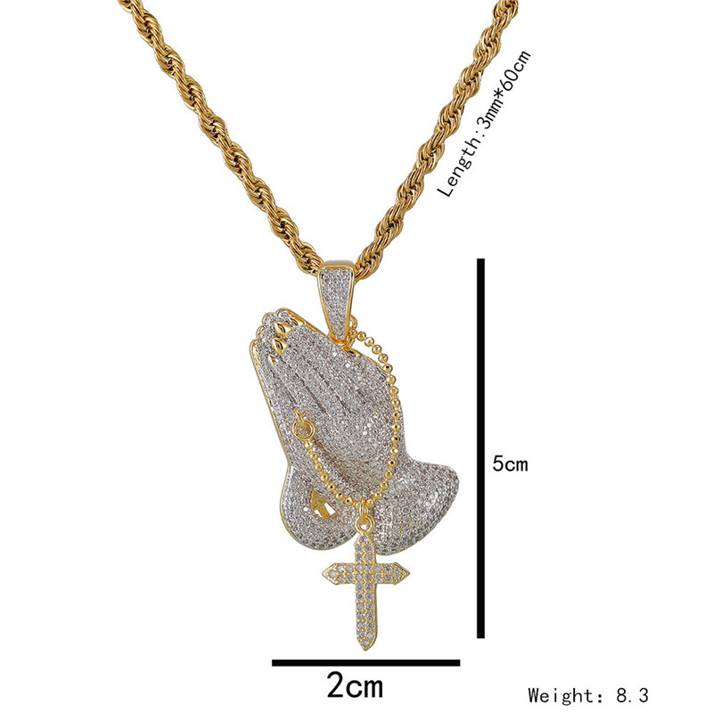 Iced Out Praying Hand Pendant Necklace With Mens/Women Gold Silver Color Hip Hop Charm Jewelry Necklace Chain For Gifts