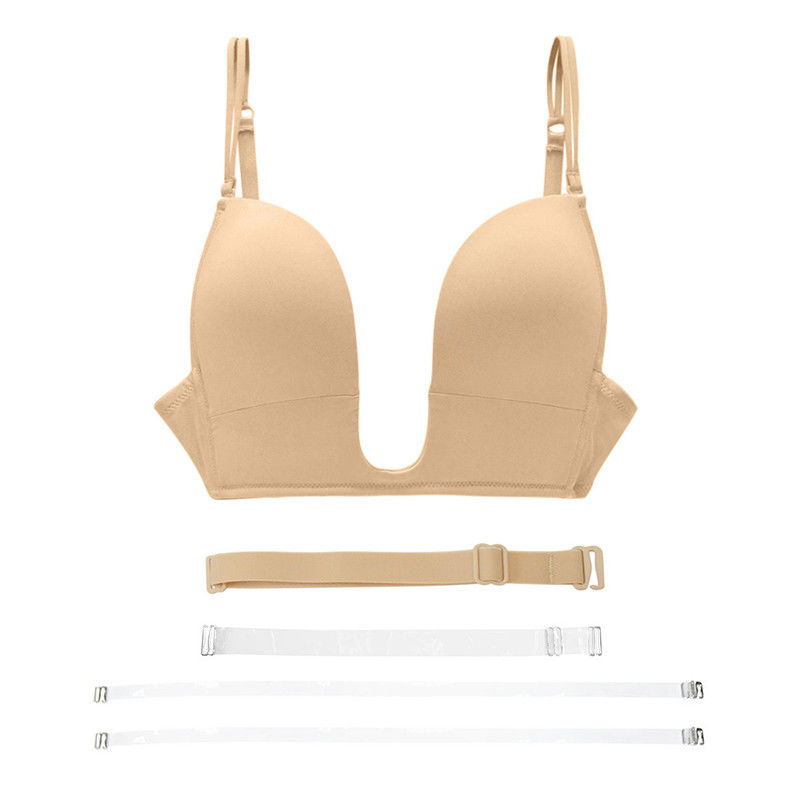 YANDW Push up Bras sexy plunge silicone & Simple transparent Straps girl plus size Big women bra 70 75 80 85 90 95 A B C D E