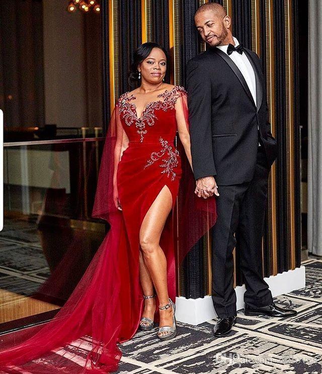 red mermaid african girls evening dresses with long tulle wrap sheer jewel neck lace beaded cap sleeve side split prom gowns