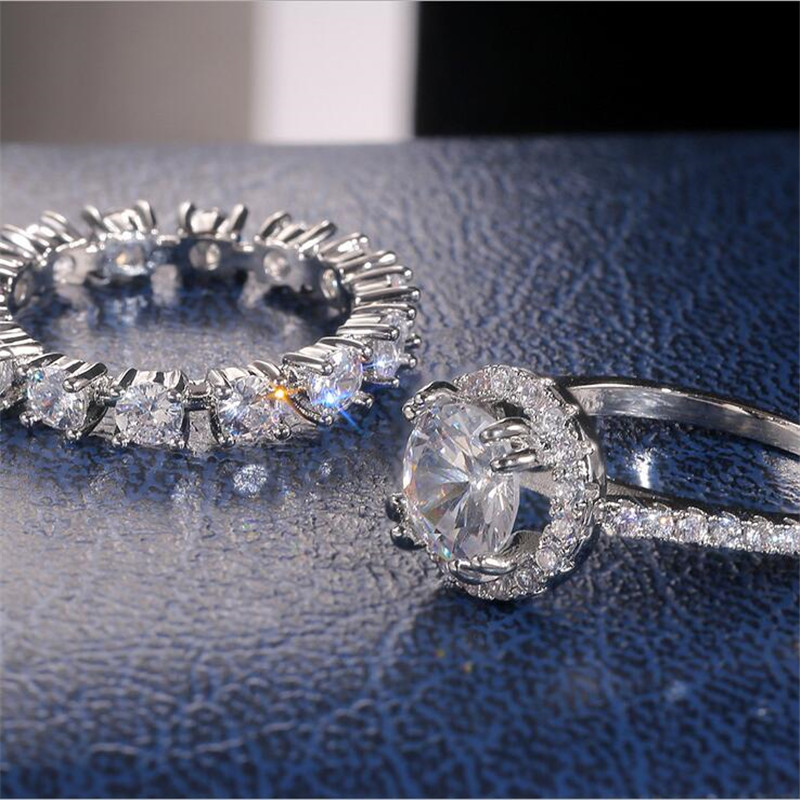 Couple Rings Luxury Jewelry 925 Sterling Silver Round Cut White Topaz CZ Diamond Gemstones Party Women Wedding Bridal Ring For Lovers' Gift
