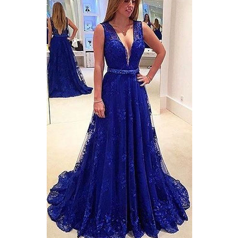 Robe de soirée Royal Blue Lace Prom Gown Deep V neck Evening Gowns Backless vestido de noite Custom Girls Party Formal Gowns
Robe de soirée Royal Blue Lace Prom Gown Deep V neck Evening Gowns Backless vestido de noite Custom Girls Party Formal Gowns