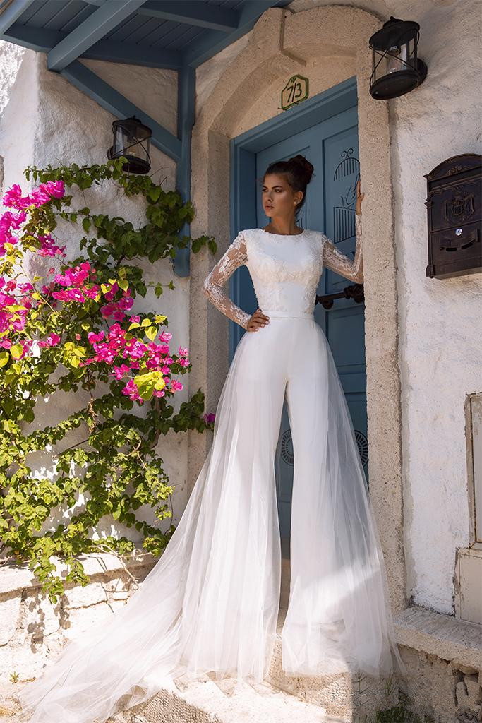 modest long sleeve jumpsuits dress with detachable train vestido de noiva boho lace wedding dresses bridal gowns