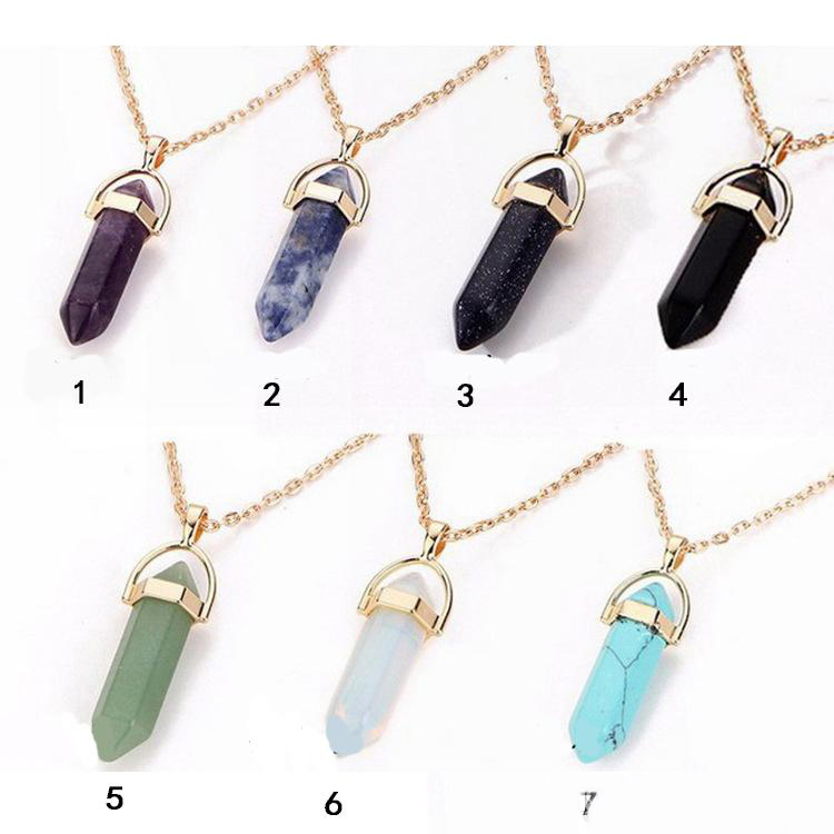 Fashion Natural stone Moon Pendant layered necklace crystal quartz Bullet Hexagonal prism Point Healing charm Gold chains For women Jewelry