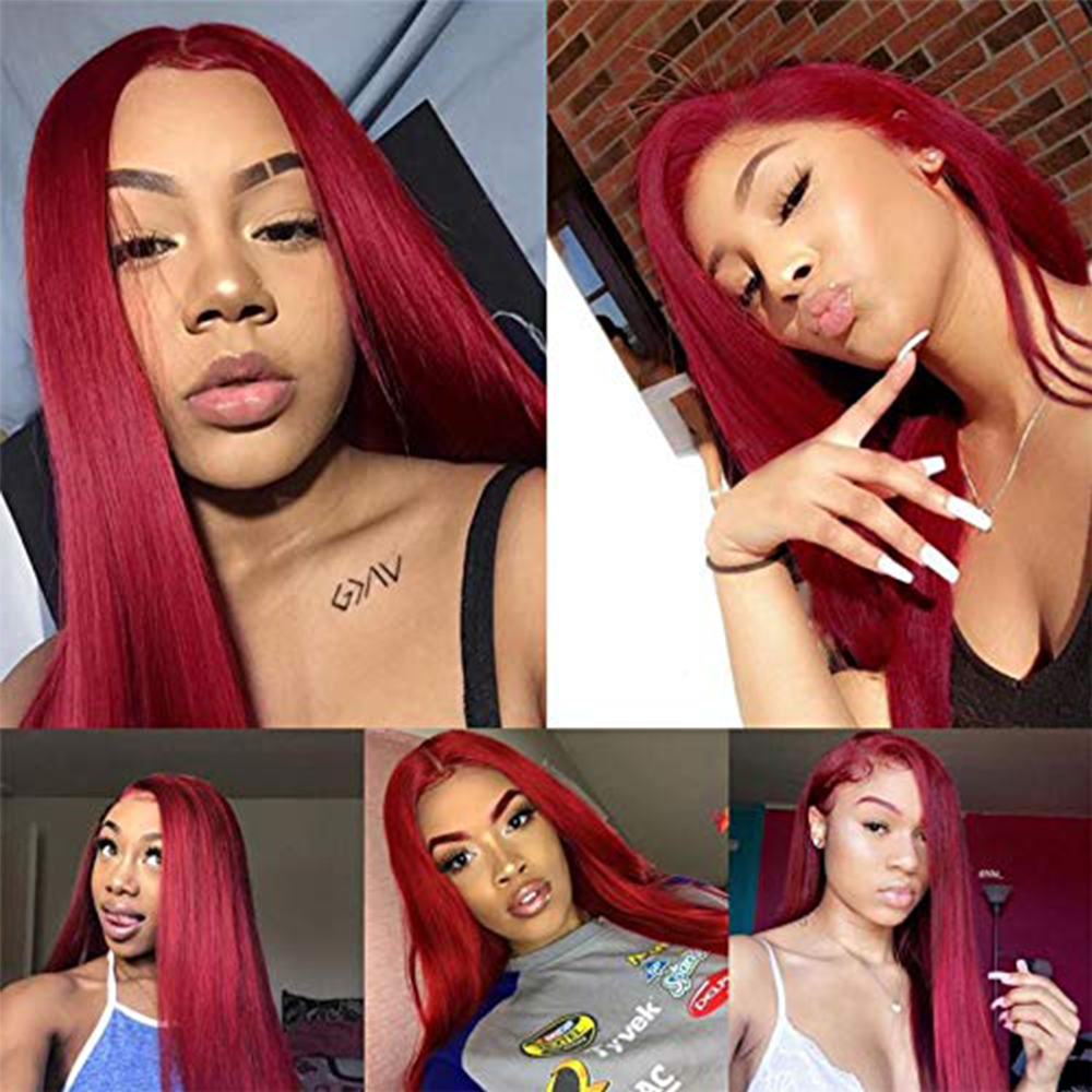 Red Color Silk Straight Glueless Full Lace Wigs With Baby Hair Pre Plucked Remy Burgundy Human Hair Wig For Women