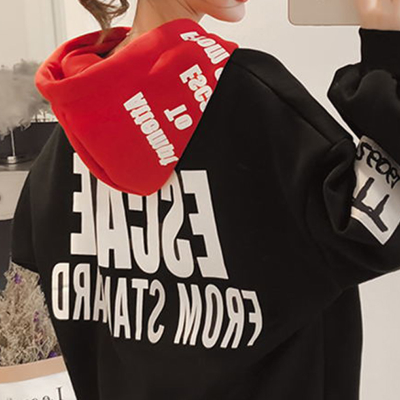Harajuku Hooded Letter Print Women's Sweatshirt Black Red Patchwork Hoodies Women 2019 Spring Contrast Color Loose Hoody Female T200407