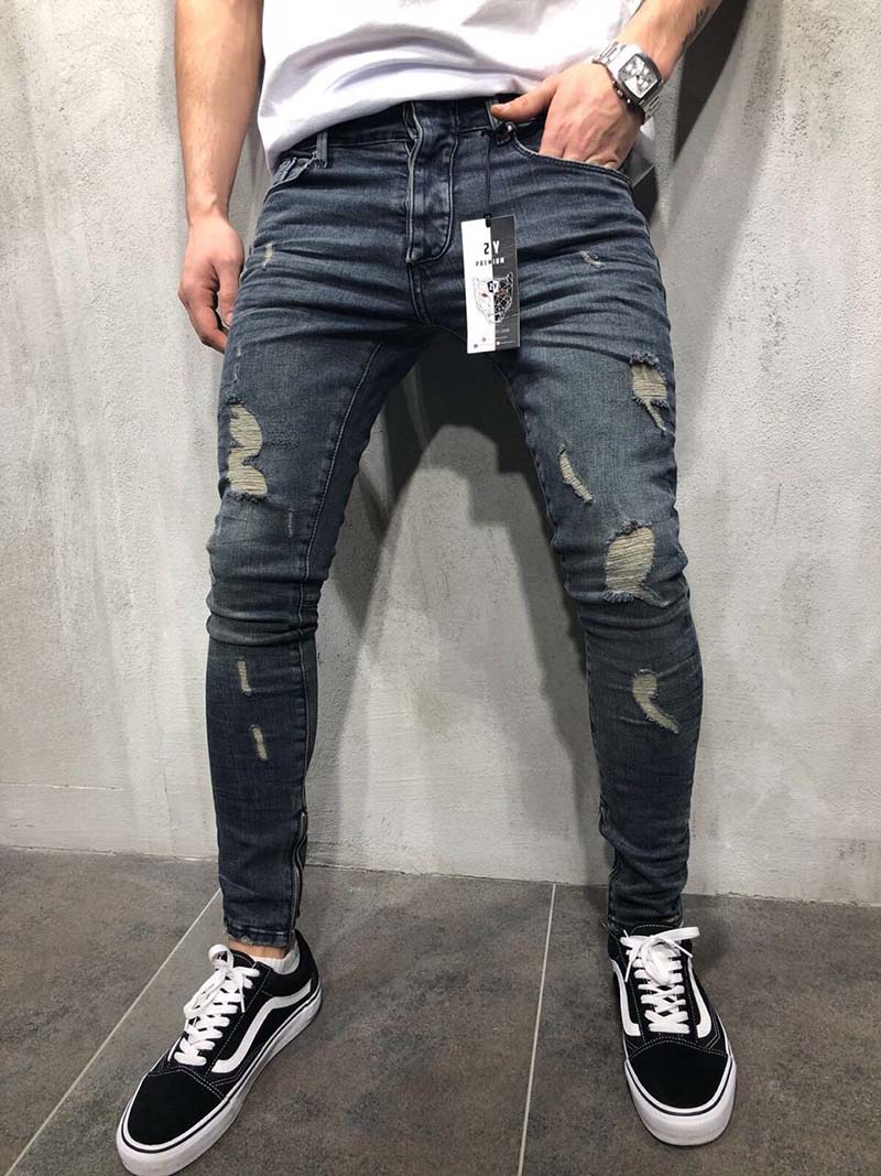 2020 Men Hip Hop Jeans Distressed Biker Casual Ripped Denim Knee Holes Side Zipper Washed Destroyed Jeans Free Shipping