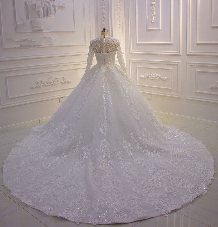 Muslim Long Sleeve 2020 Ball Gown Wedding Dress Bridal Gowns High Neck Lace Appliqued Beaded Plus Size robe de mariee