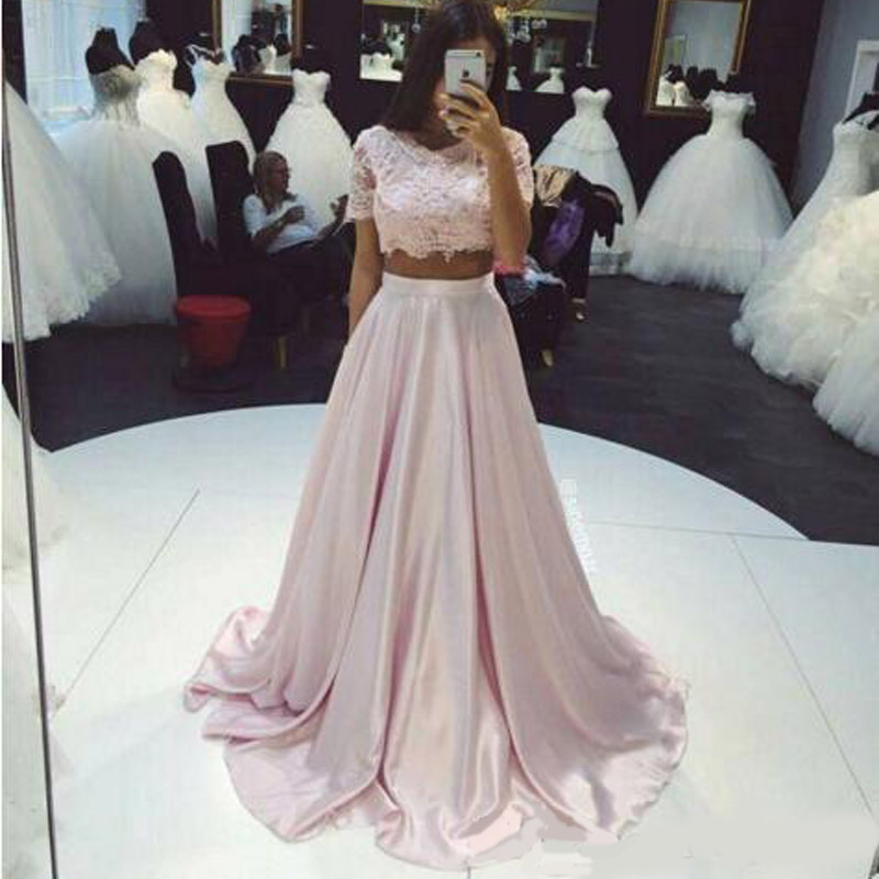 2020 Two Pieces Elegant Prom Dresses Jewel Lace Short Sleeves Vestidos Formal Party Gowns Sweep Train Plus Size Dresses Evening Wear Cheap