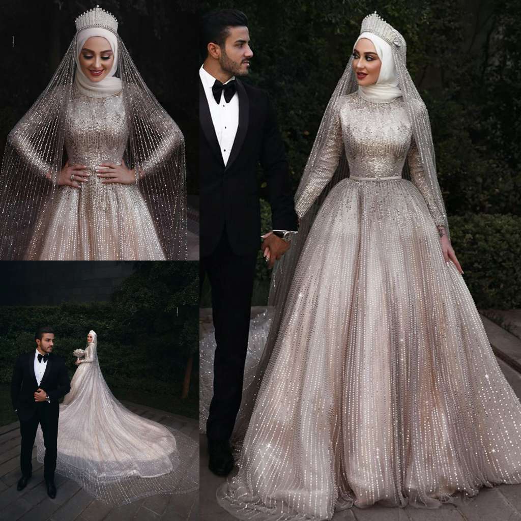 Queen Crystal Muslim Dresses High Neck Long Sleeves Bridal Gowns Beaded Sweep Train Dubai Arabic Wedding Dress With Veil