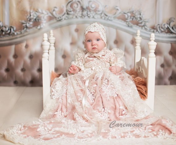 Baptism Dress Girls Christening Gown Set With Pink Underlay Custom Made First Communion Gowns