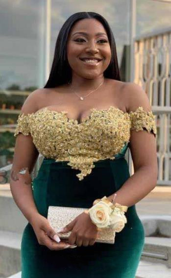 Elegant Prom Green Veet Gold Lace Top Evening Dresses Off Shoulder Mermaid Pageant Party Gowns 0510