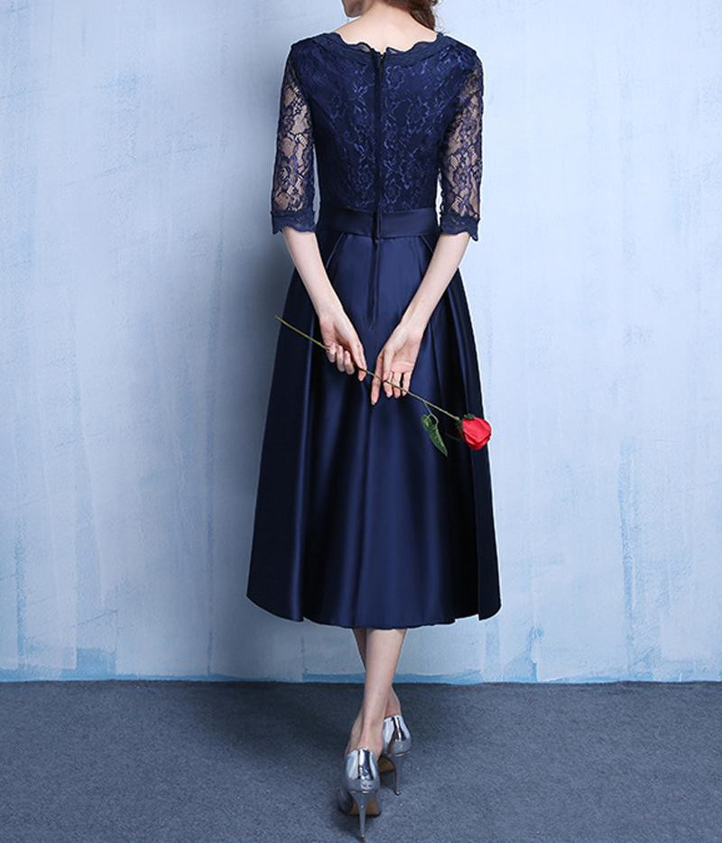 Elegant Satin With Lace Tea Length Mother Of The Bride Detachable Bow Wedding Party Half Sleeves Evening Dresses 138 0510