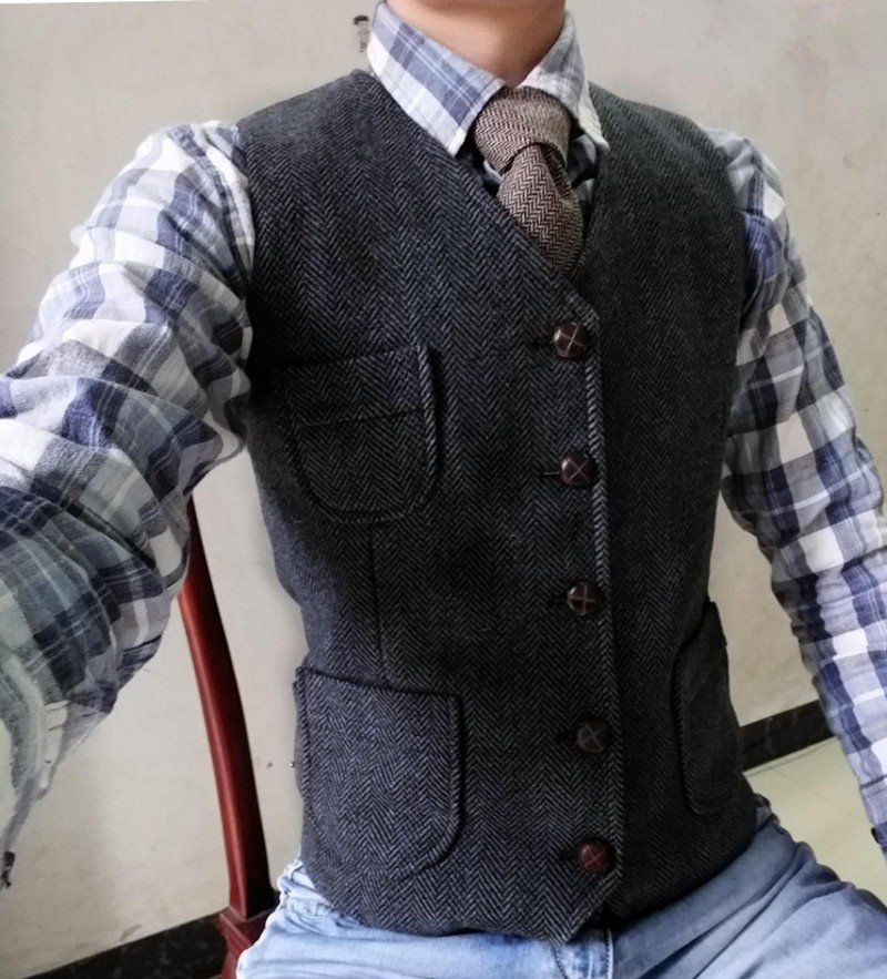 2019 Dark Green Groom Vests Country Wedding Wool Herringbone Tweed Vest Slim Fit Men's Suit Vest Dress Coat Dress Waistcoat Farm B124
