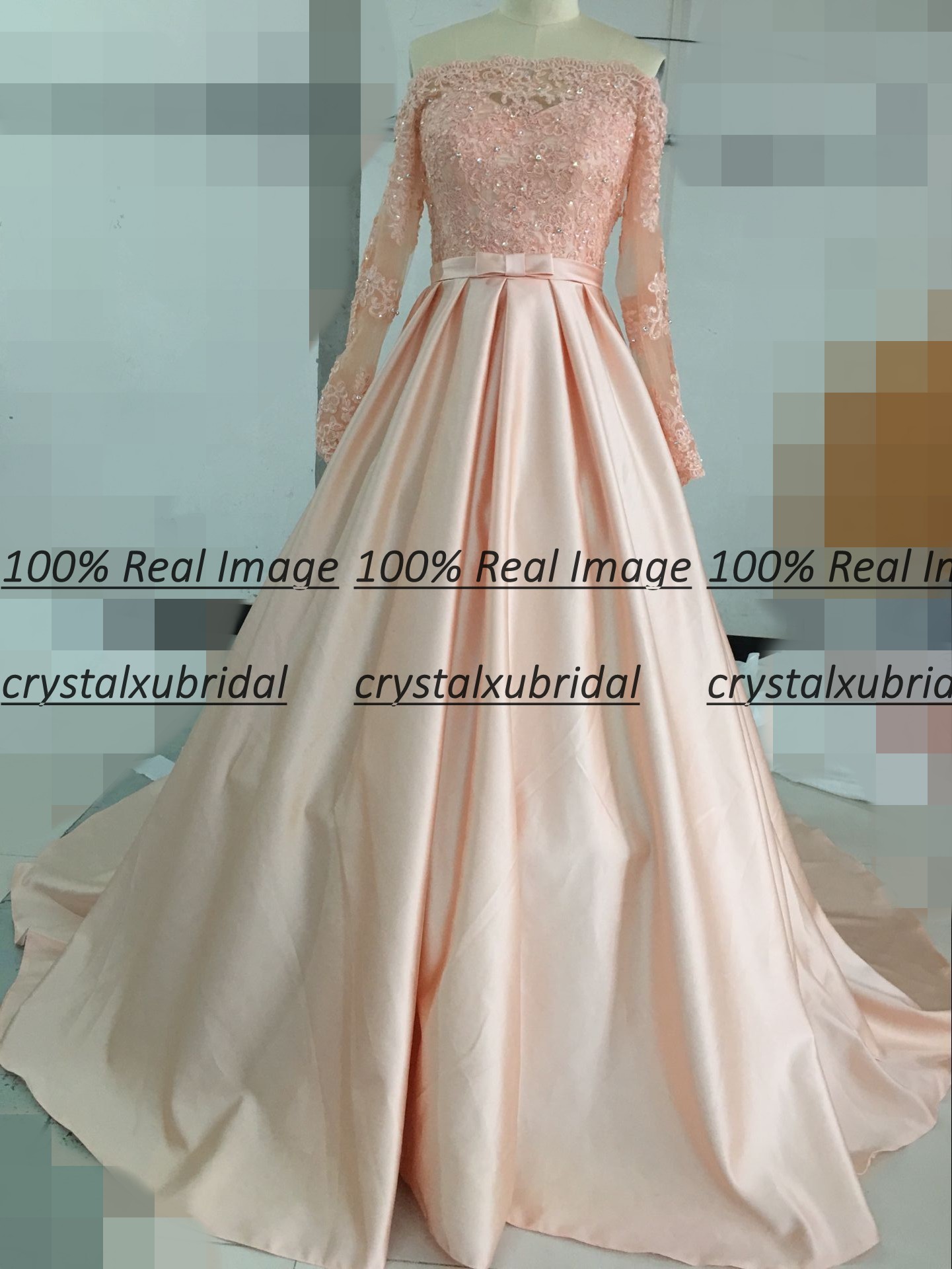 New Real Image Evening Dresses Wear Peach Off Shoulder Long Sleeves Lace Appliques Crystal Beads Sweep Train Custom Prom Party Gowns
