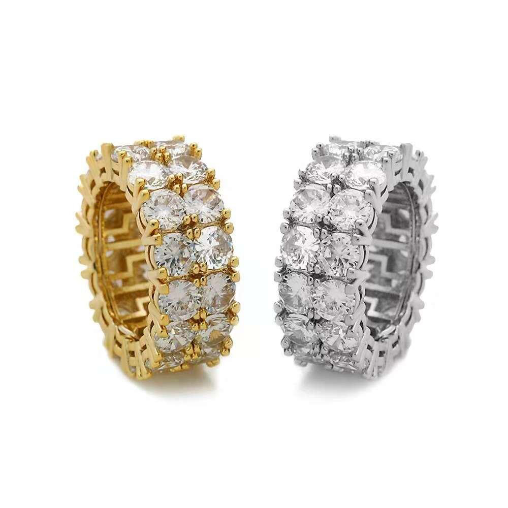 hip hop full diamonds ring for men women western Double row side stone rings real gold plated Rhinestone copper jewelry