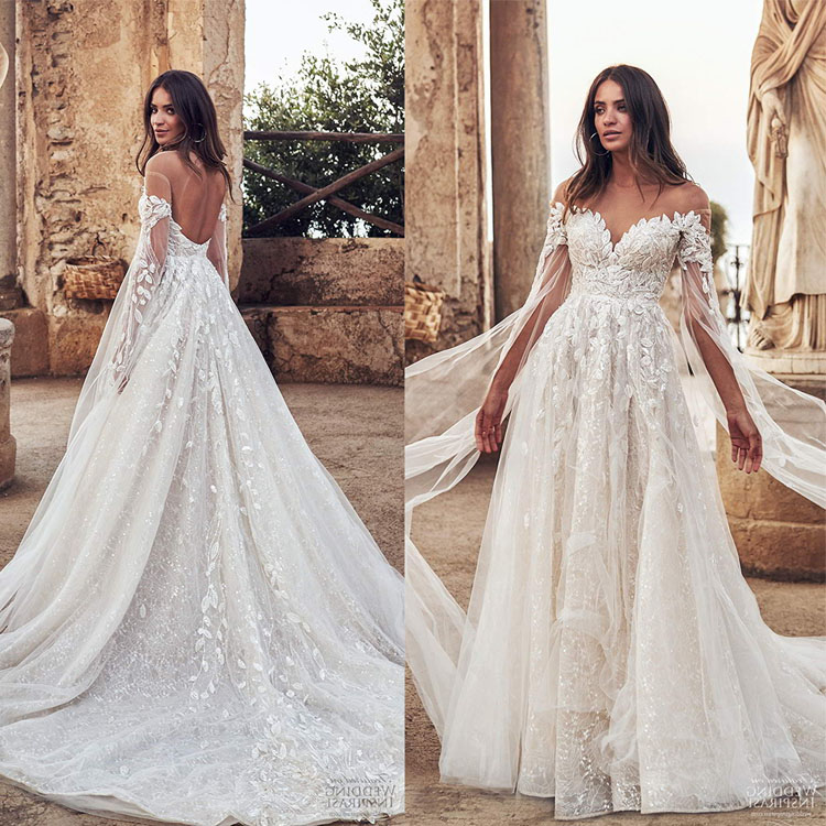 Spring Wedding Dresses Sheer Off Shoulder Lace Appliques Long Sleeve Backless Sequins Sweep Train Bridal Gowns robes de mariée
