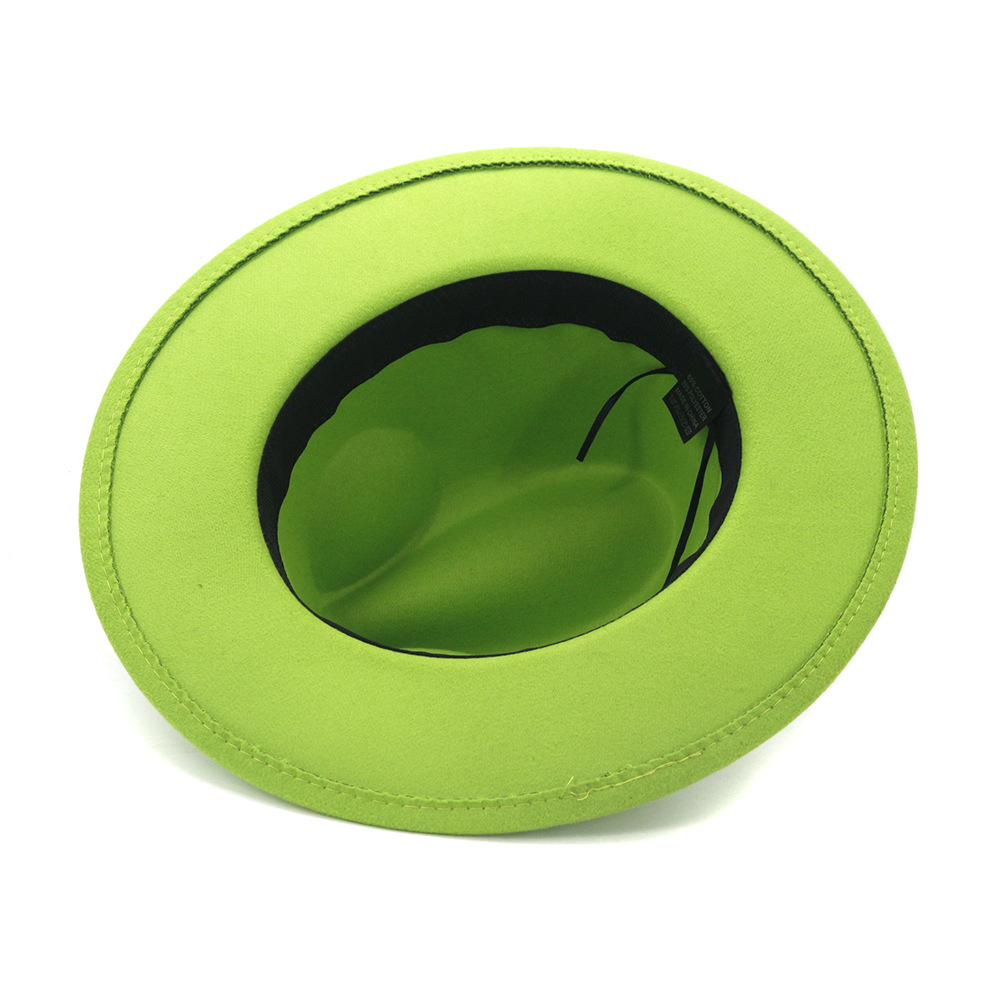 Lime Green Solid Color Wool Felt Jazz Fedora Hats with Ribbon Band Women Men Wide Brim Panama Party Trilby Wedding Hat