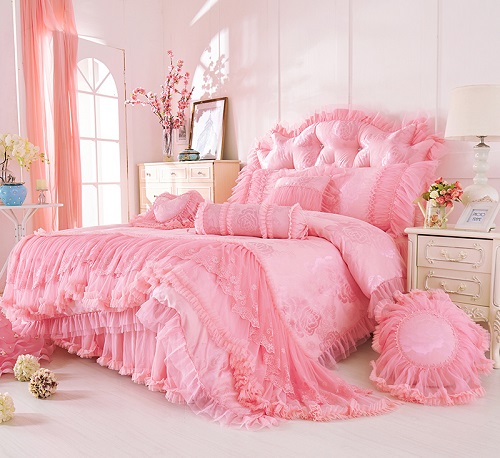 satin jacquard bedding sets cotton lace bedclothes queen king size 4/8 pcs decorative bedskirt+pillowcase+duvet cover set