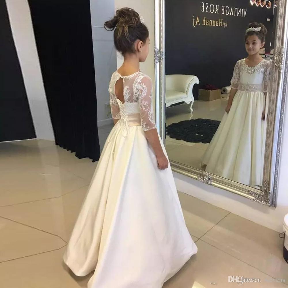 White A Line Flower Girl Dresses For Weddings jewel neck Half Sleeve Little Girls Pageant Dress For Teens Open Back Holy Communion Gowns