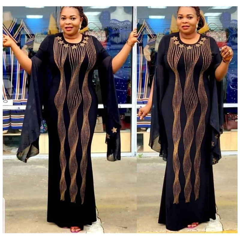 2019 African 3-Sizes New Design Bazin Chiffon Long Sleeve Diamond Dashiki Length :150cm For Lady(zuan)