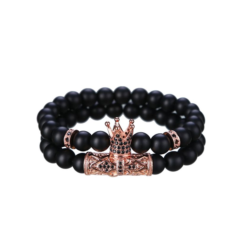 2 Set Bracelets - Matte Black Onyx 8MM Crown Men and Women Tattoo Personality Friendship Gift bracelet