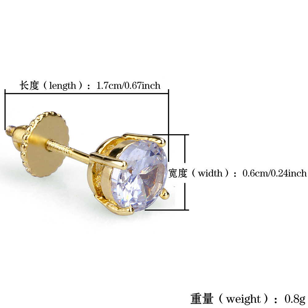 18K Gold Hiphop Single CZ Zircon Round Stud Earrings 0.4 0.6 0.8 cm for Men Women and Girls Gifts Bling Iced Out Diamond Earrings Studs Rock Rapper Je