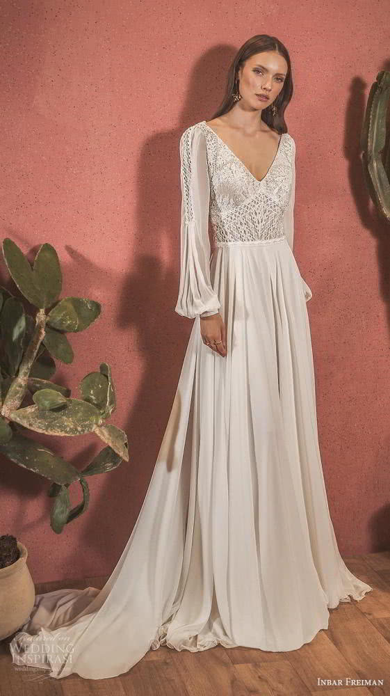Bohemian Wedding Dresses 2020 V Neck Lace Floor Length Long Sleeve Bridal Gowns Chiffon A Line Beach Wedding Dress Boho